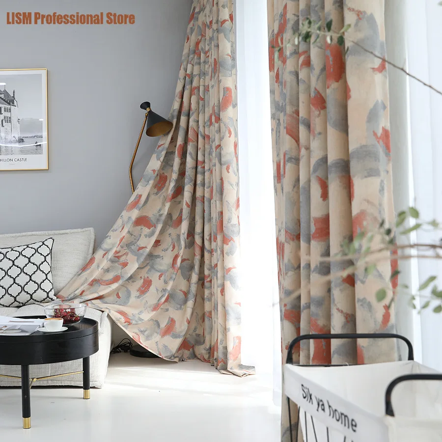 

Chinese Curtains for Living Dining Room Bedroom Modern Thick Cotton and Linen Ink Painting Series Printed Curtains Customization