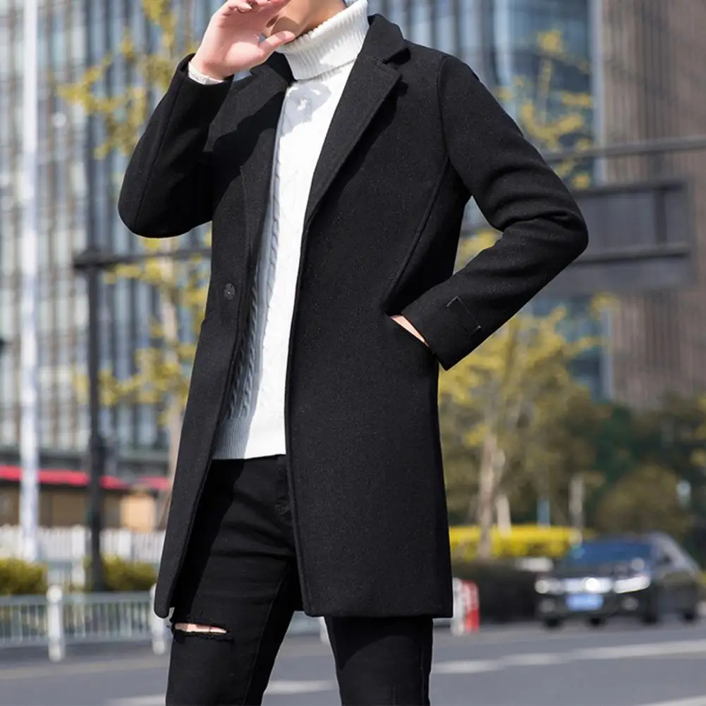 

Casual Men Jacket Streetwear Men Windbreaker Coat Lapel Pure Color Warm Trench Coat Korean Style