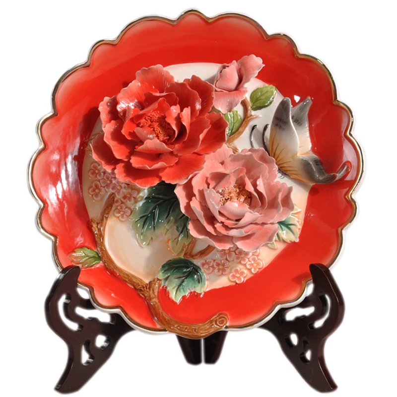 

3D Red Peony Decorative Wall Dishes Porcelain Decorative Plates Home Decor Crafts Room Decoration Accessories Figurine