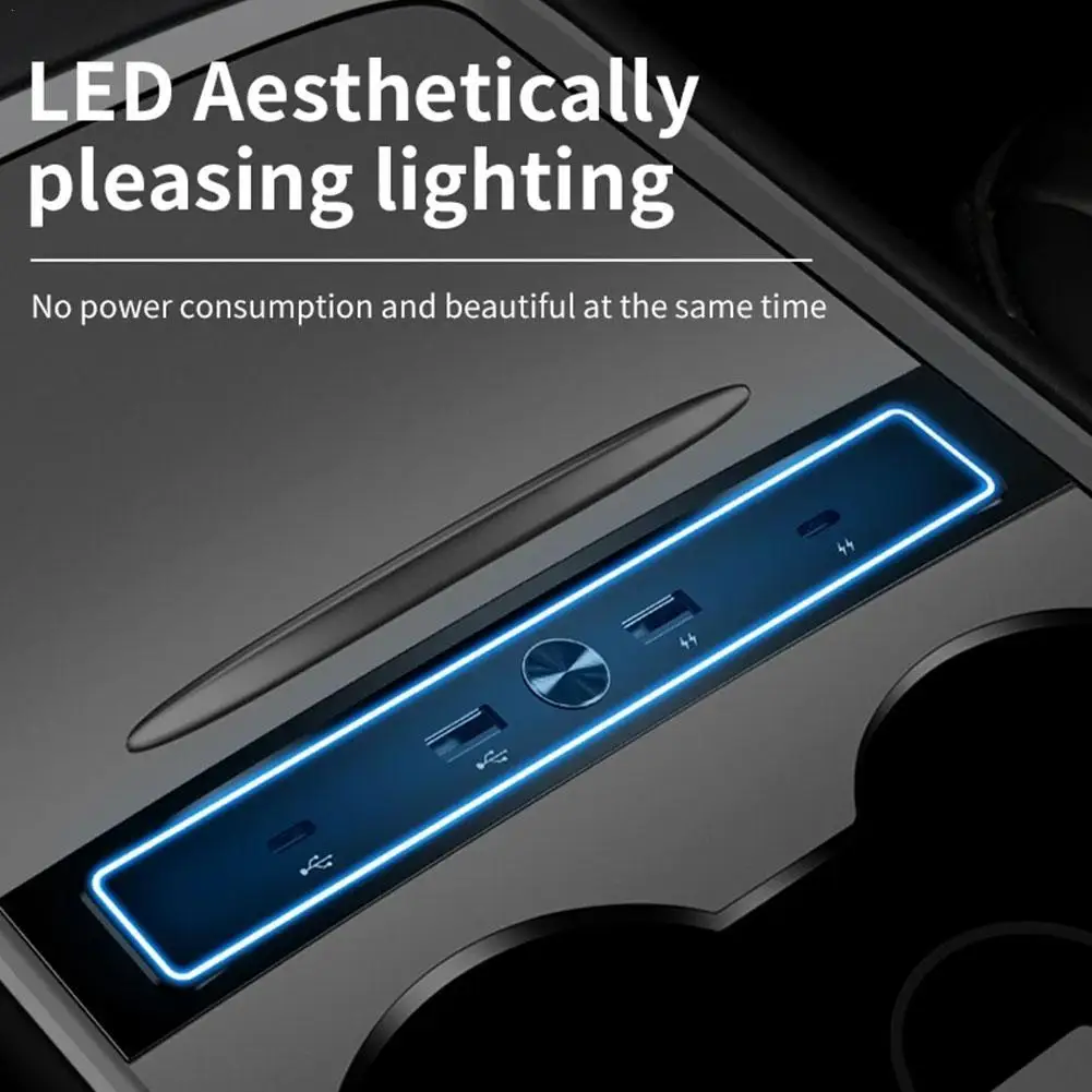  for Tesla Model 3 Y 2021 2022 27W Quick Charger Docking Station USB LED Shunt Hub Extension Car Interior Adapter Accessories