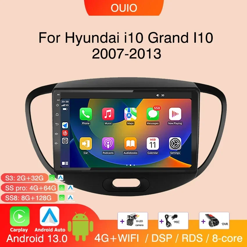 8 ГБ + 128 Android 13 радио для Hyundai i10 Grand I10 2007 2008-2013 Автомагнитола Мультимедийный плеер