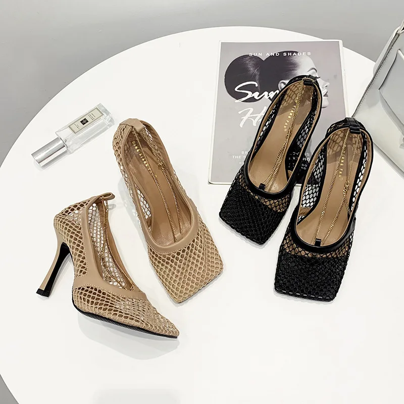 

New fashion women's shoes European and American catwalk models generous toe high-heeled mesh shoes