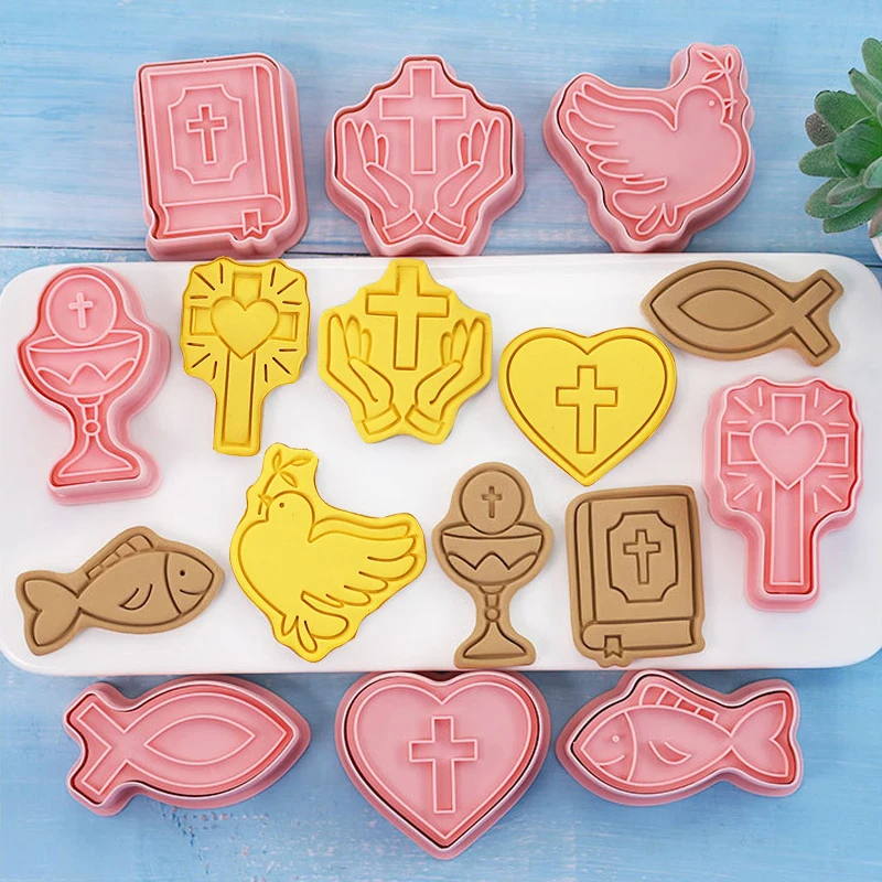 8Pc Holy Communion Cartoon Cookie Mold Cross Peace Dove Love Fish Holy Grail Pattern Cookie Cutter Mold Fondant Cake Baking Tool