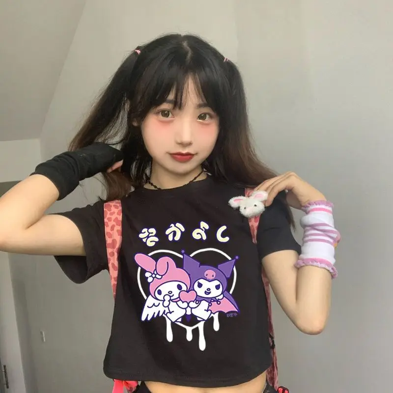 

Аниме футболка Kuromi Kawaii милый Sanrio пупок раскрывающая блузка японская мягкая девушка Jk девушки короткий рукав Футболка подарок на день рождения
