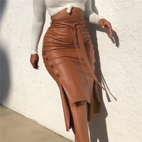 women elegant high waist bandage pencil skirts 2021 faux leather pu female midi skirt with belt office ladies fashion faldas