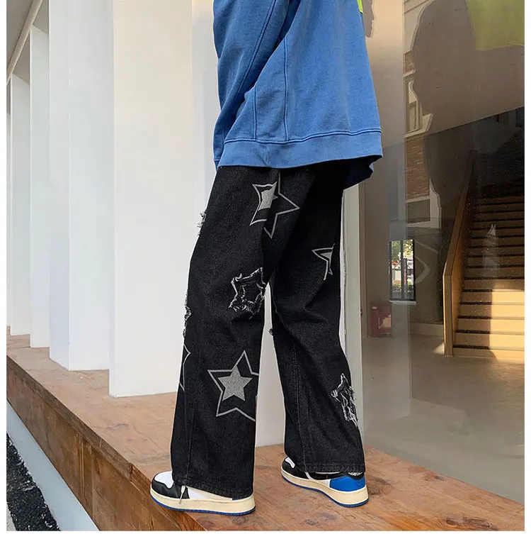 Vintage Women's Men's Korean Denim Pants Y2K Cltohes Streetwear Printed Patchwork Baggy Wide Jeans Straight Trousers For Men
