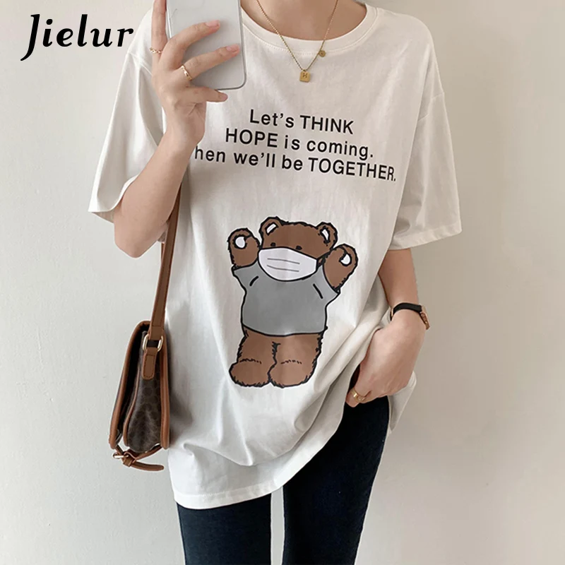 

Женская свободная футболка с коротким рукавом, черная или белая футболка с круглым вырезом и принтом медведя из мультфильма в Корейском стиле