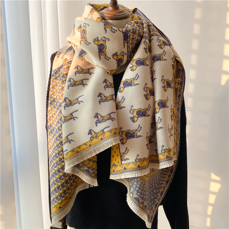 

Winter Cashmere Scarf for Women Shawl Luxury Warm Horse Print Thick Blanket Pashmina Neckchief Bufanda Design Echarpe Bandana