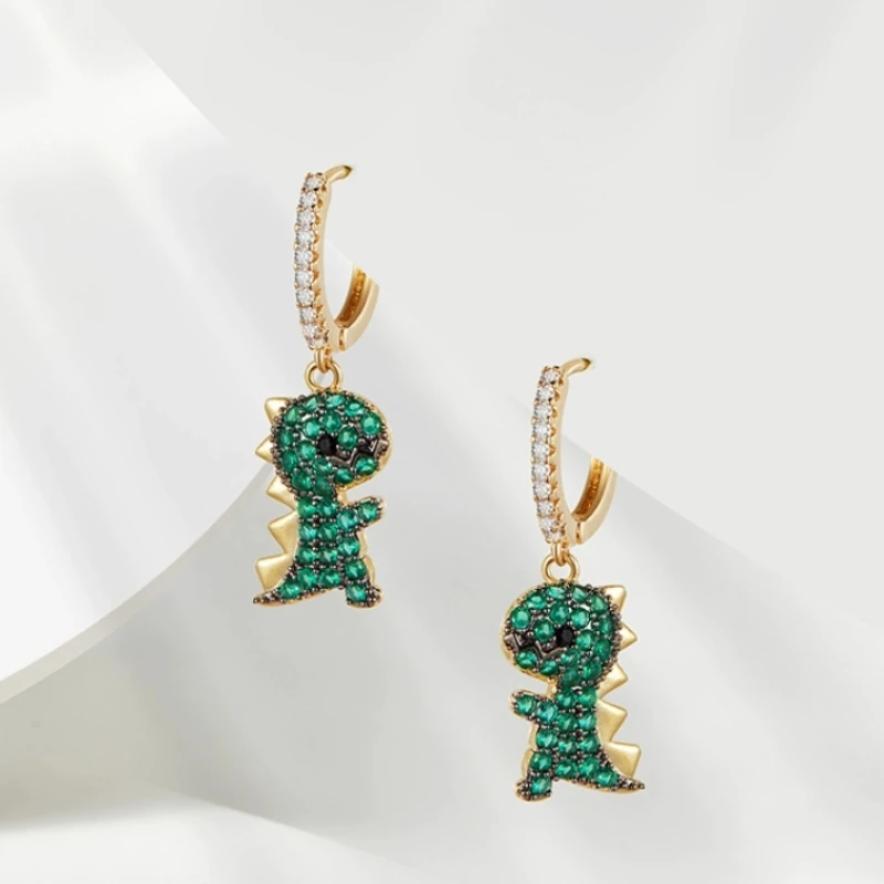 

Hoop Earrings Little Dinosaur Pendant Green Earrings for Women Small Zircon Jewelry Dating Gifts Funny Ear Accessories Ear Stud