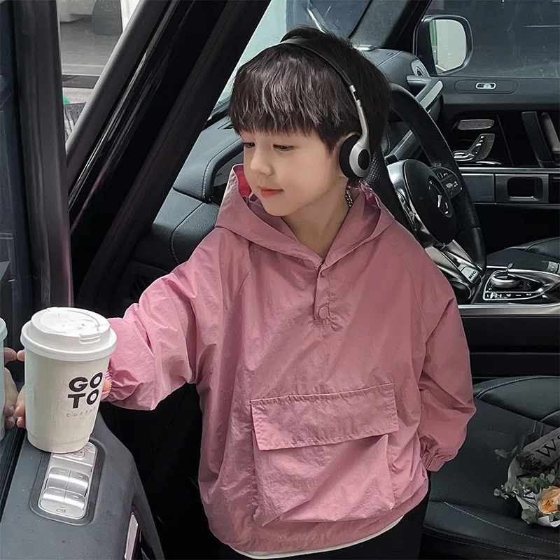 

2023 Autumn Boys Solid Color Outdoor Jackets Fashion Big Pocket Hooded Pullovers Kids Outfit