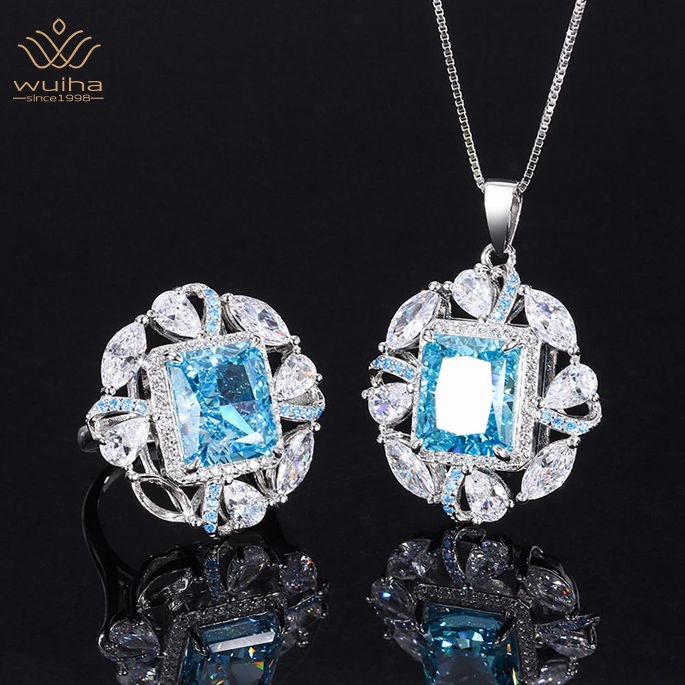 

WUIHA Luxury 925 Sterling Silver 10*12MM Radiant Cut Aquamarine Corundum Ring/Pendant/Necklace Anniversary Gift Fine Jewelry Set
