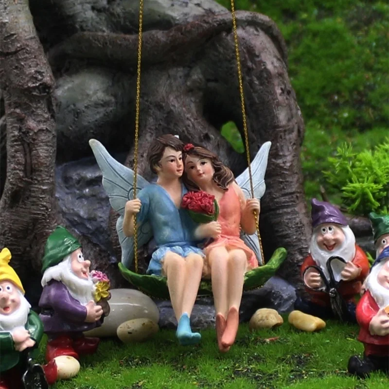 Romantic Couple Figurines Swing Flower Fairy Garden Micro Landscape Resin Craft