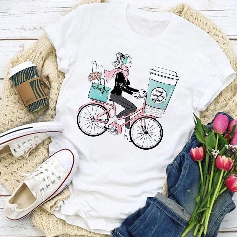 

Anime Shirt Cartoon Print T-shirt Woman Graphic Aesthetic Style Tshirt Tops Korean Fashion Clothing Casual Coffee Cup Pattern