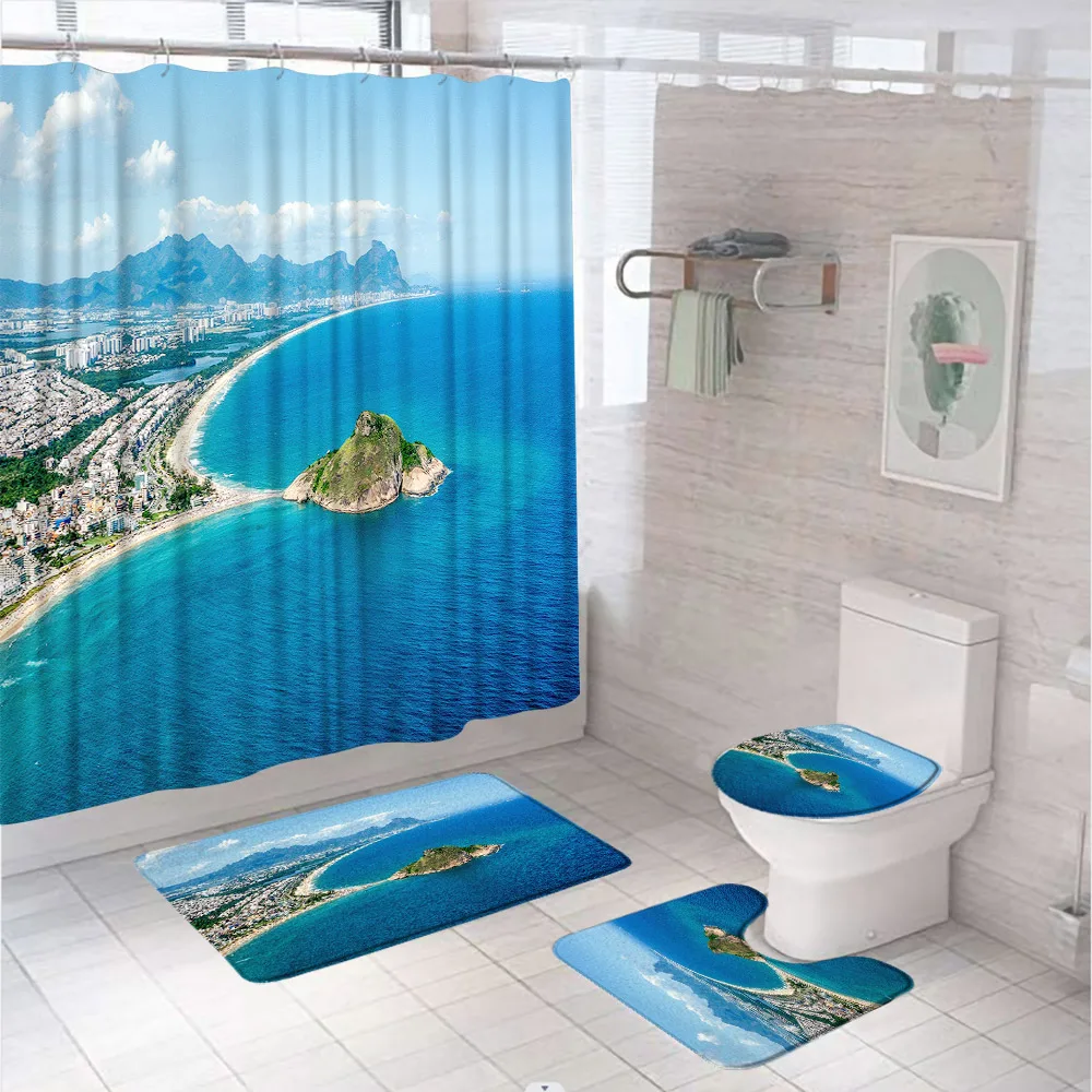 

Занавеска для душа с изображением Морского Пейзажа, ткань для экзотического моря, синего океана, островка, занавеска для ванной комнаты, нескользящий коврик для ванной, искусственная Обложка