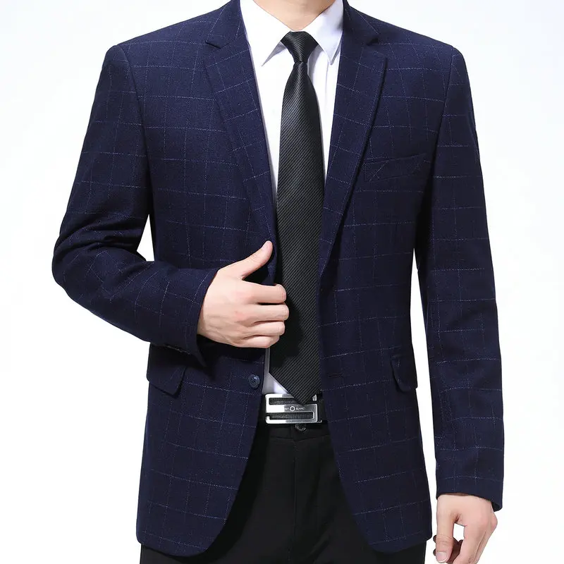 2023 Men Navy Blue Dark Red Plaid Blazers Spring Autumn Notched Collar Single Breasted Jacket Suit Male Elegant Outfit Coat