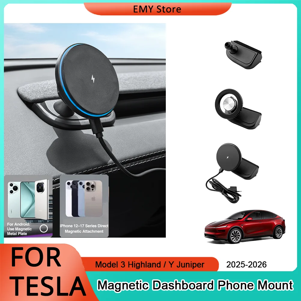 Фото Для Tesla Model 3 Highland/Y Juniper YL 2025-2026: Магнитный держатель для телефона на приборную панель с беспроводной зарядкой и защитой от тряски №1