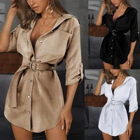 2022 summer womens new style sexy and casual solid color lining skirt v neck belt shirt mini dress