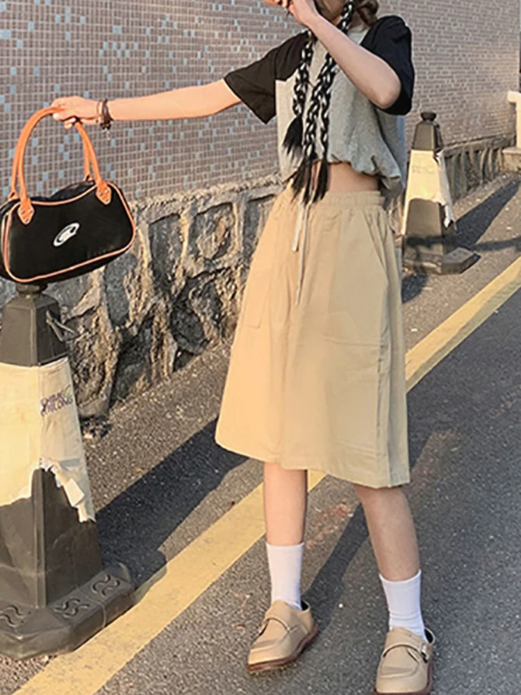 HOUZHOU Harajuku Korean Style Khaki Cargo Shorts Women Kpop Streetwear Hippie Oversized Black Wide Leg Short Pants Knee Length