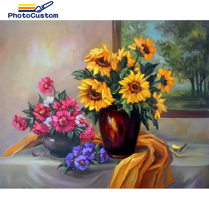 

PhotoCustom Раскраска по номерам, цветы, рисунок на холсте, DIY картины по номерам, ручная роспись, украшение для дома, подарок