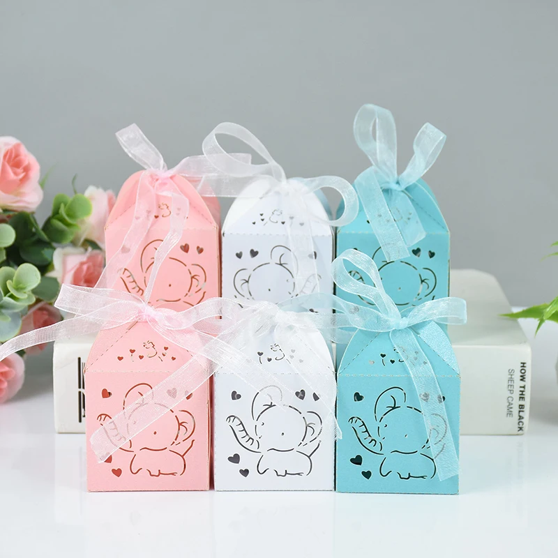 

10/20Pcs Laser Cut Baby Shower Favors Gifts Box Hollow Elephant Candy Boxes With Ribbon Baptism Christening Birthday Party Decor