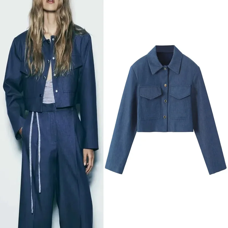 

TRAF Blue Short Bomber Jacket Women 2023 Shoulder Pads Coatom Wan Lapel Long Sleeves Windbreaker Ladies Autumn New In Outerwears