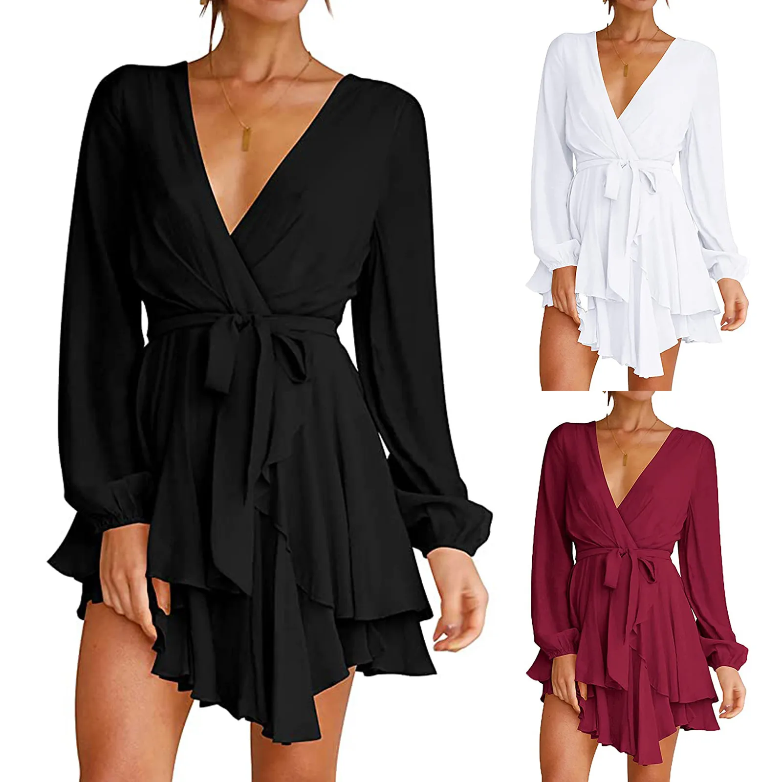 

Women V Neck Elegant Dresses Casual Loose Long Sleeve Bowknot Dress Bandage Casual Loose Beach Sleeveless Knit Midi Dresses