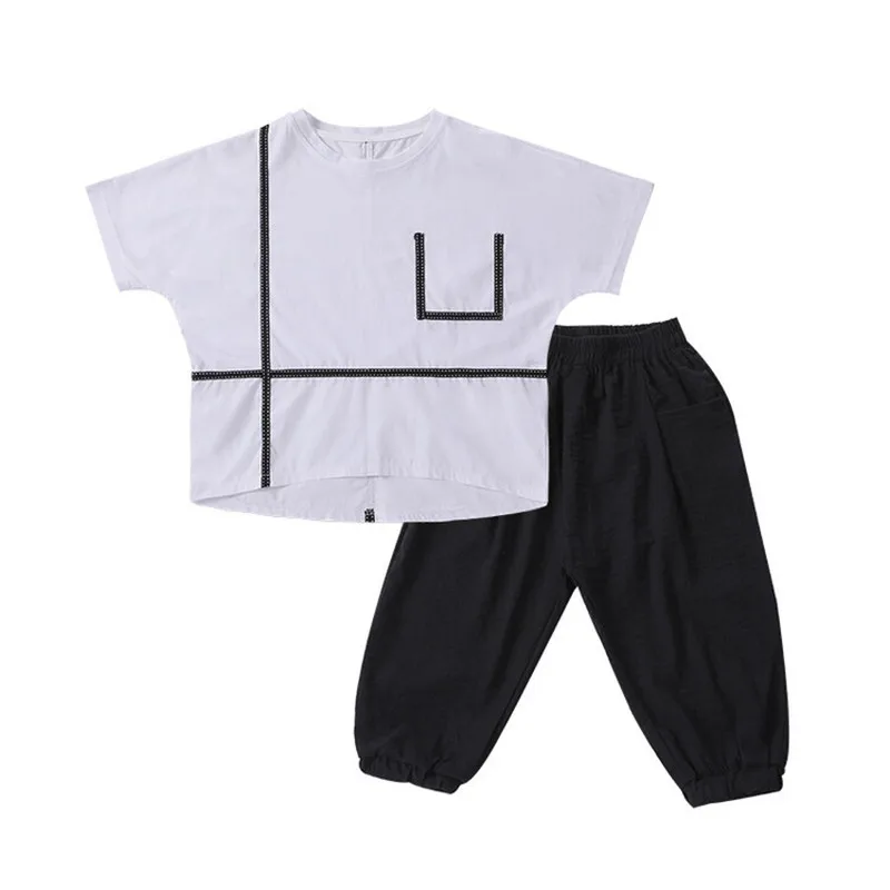 Children Casual Clothes Kids Black Bloomers Pant Set Boy Fashion Striped Sewing Design Short Sleeve Tops Suit Teen Loose T-Shirt