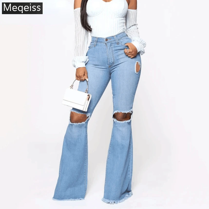 

Meqeiss Womens Sexy Hole Button Zipper Pocket Jeans Casual Denim Flares Wide Leg Slim Pants 2020 New Blue Ladies Jeans