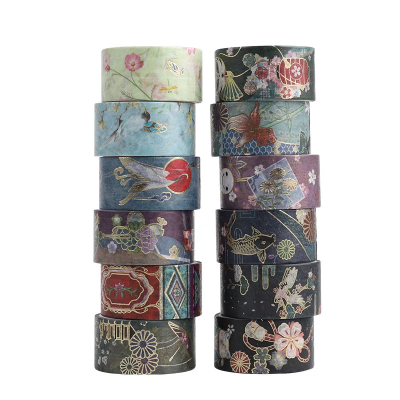 12pcs Japanese Culture Washi Tape Set 20mm*2m Gold Foil Adhesive Masking Tapes for Home DIY Art Stickers Decoration A6033