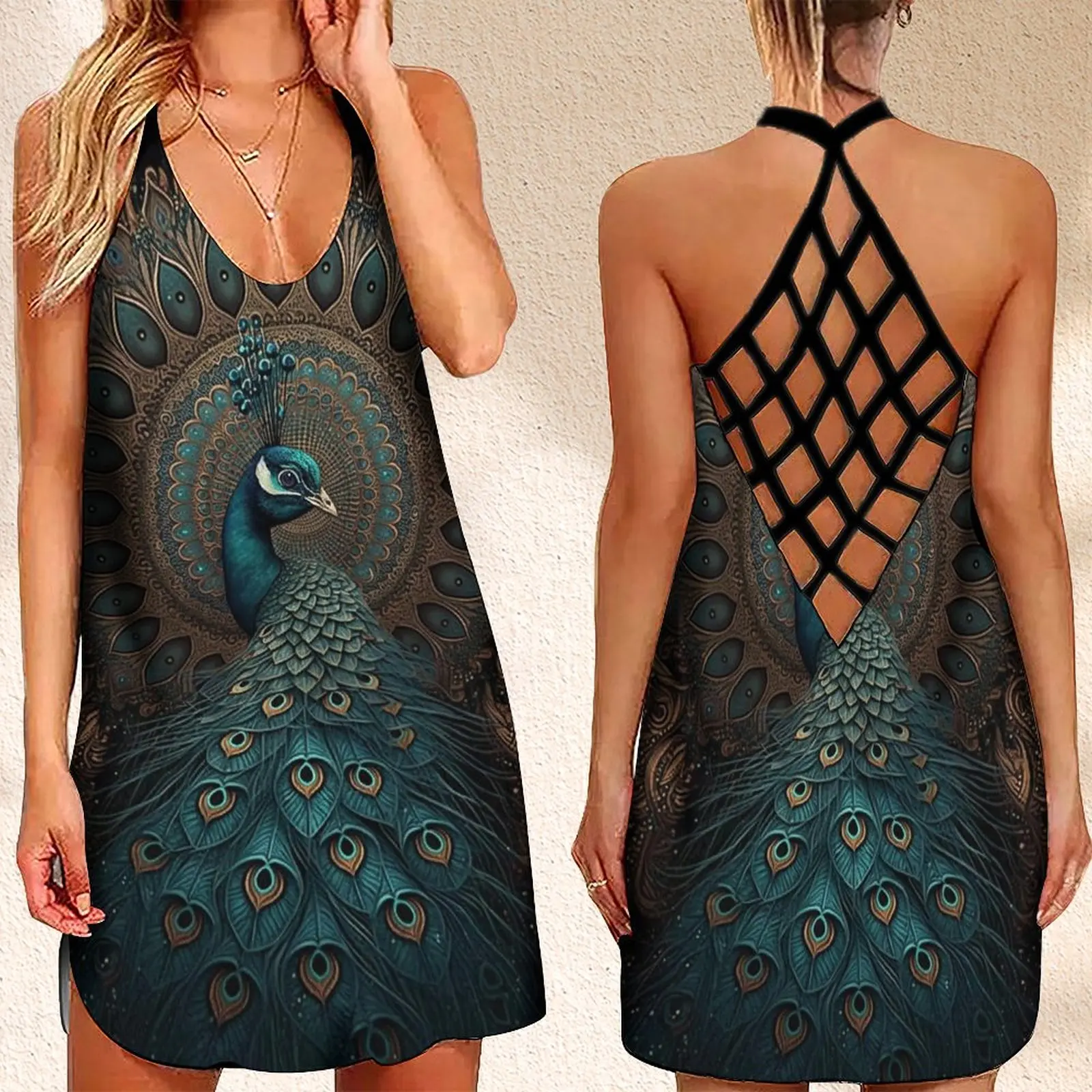 

Новинка, женское платье без рукавов с открытой спиной и перекрестными линиями, летний сарафан в богемном стиле с принтом мандалы