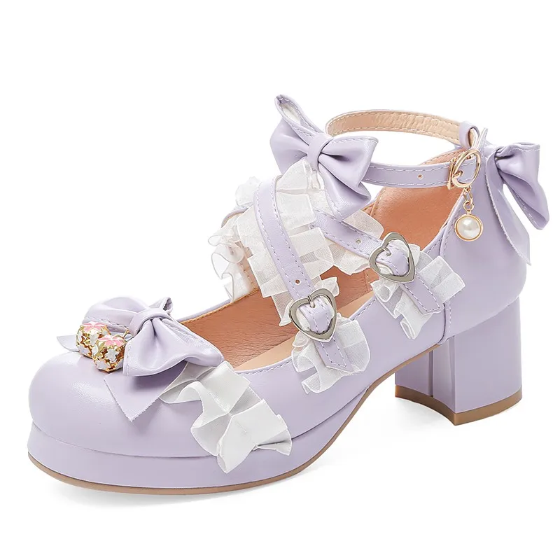 

Girls Sweet Lolita Ruffles Bowknot Lace Bridal Wedding Mary Jane Shoes Women High Heel Princess Pumps White Pink Plus Size 34-43
