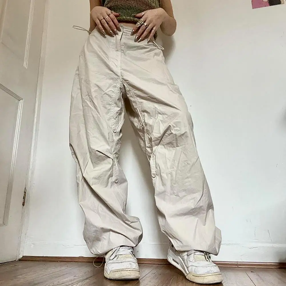 

Solid Color Drawstring Mid-Rise Elastic Waist Baggy Trousers Big Pockets Wide Leg Baggy Weaving Slacks Streetwear