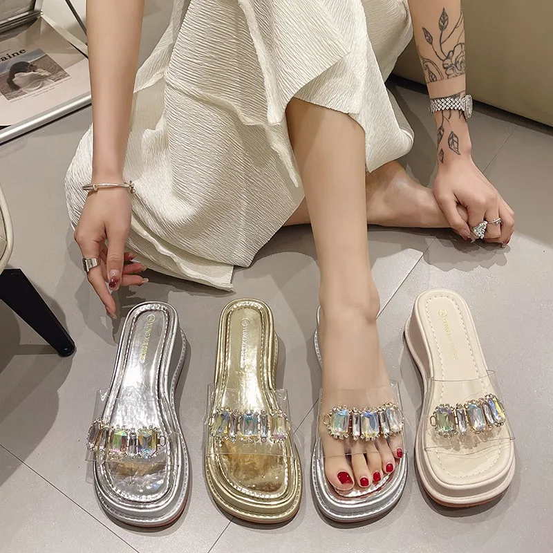 

Shoes Woman 2023 Square heel Slippers Summer Med Heeled Mules Pantofle Glitter Slides Block High Flat New Jelly Transparent