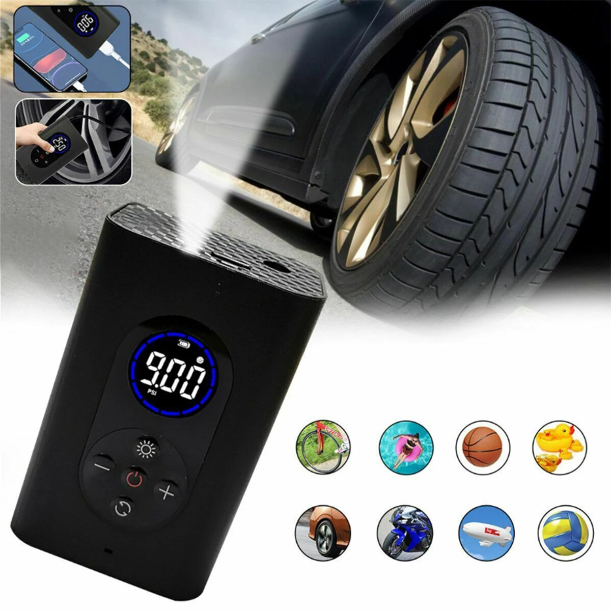 

Car Air Compressor Inflatable Pump With LED Lamp For Motorcycle Wireless Bicycle Electric Car Air Pump Inflator Tyre ColorRandom