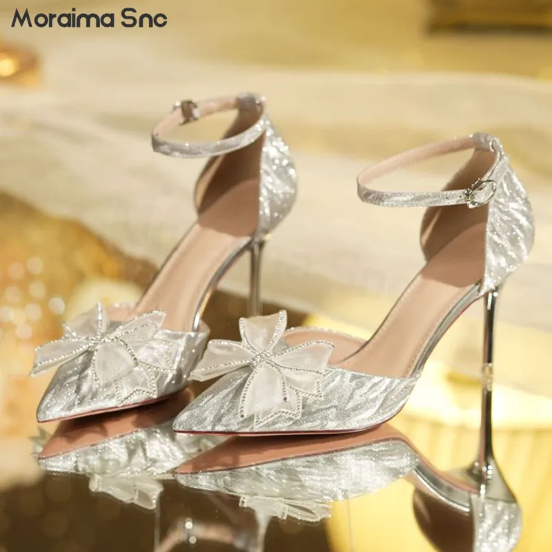 Rhinestone Bow Glitter Wedding Shoes Pointed Toe Stiletto High-Heeled Temperament Fashion High-Heeled Shoes Buckle Hollow Pumps