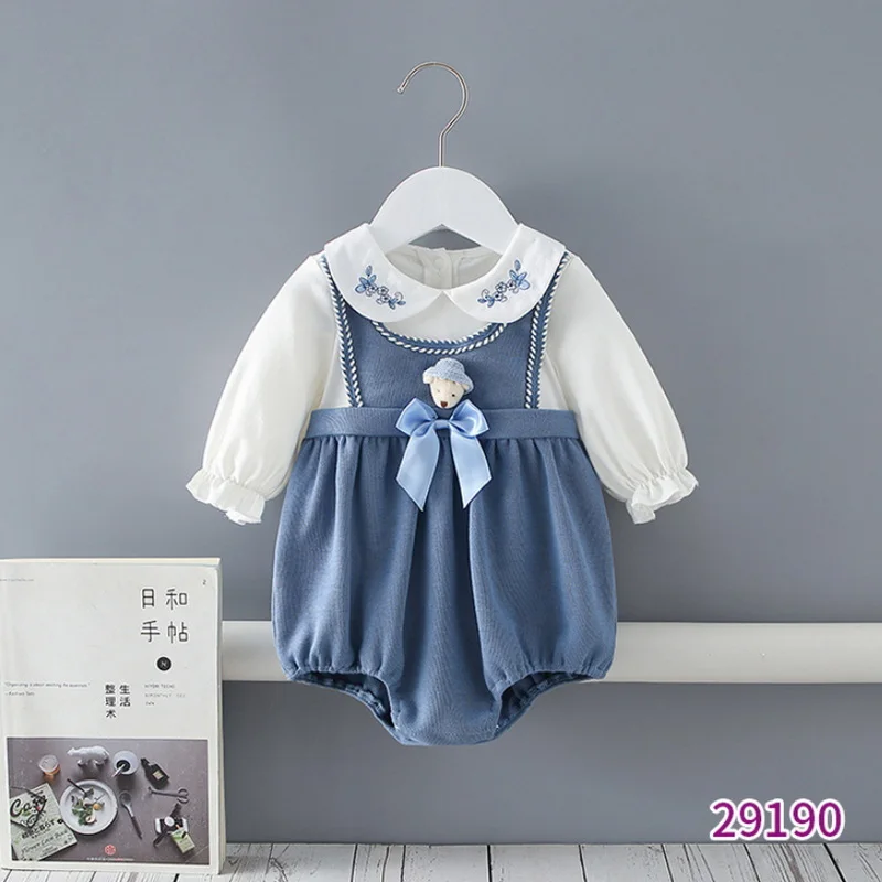 2022 Spring Family Matching Sister Clothes Long Sleeves White Blue Patchwork Bodysuit+Princess Baby Dress Twins Outfits E9190 |