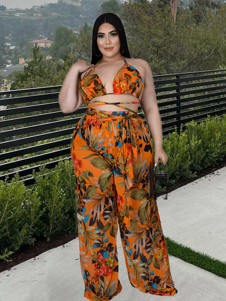 

Plus Size Two Piece Sets Beach Vacation Outfits Sleeveless Straps Crop Top and Pants Sexy Swimsuit Wholesale Bulk Dropshipping