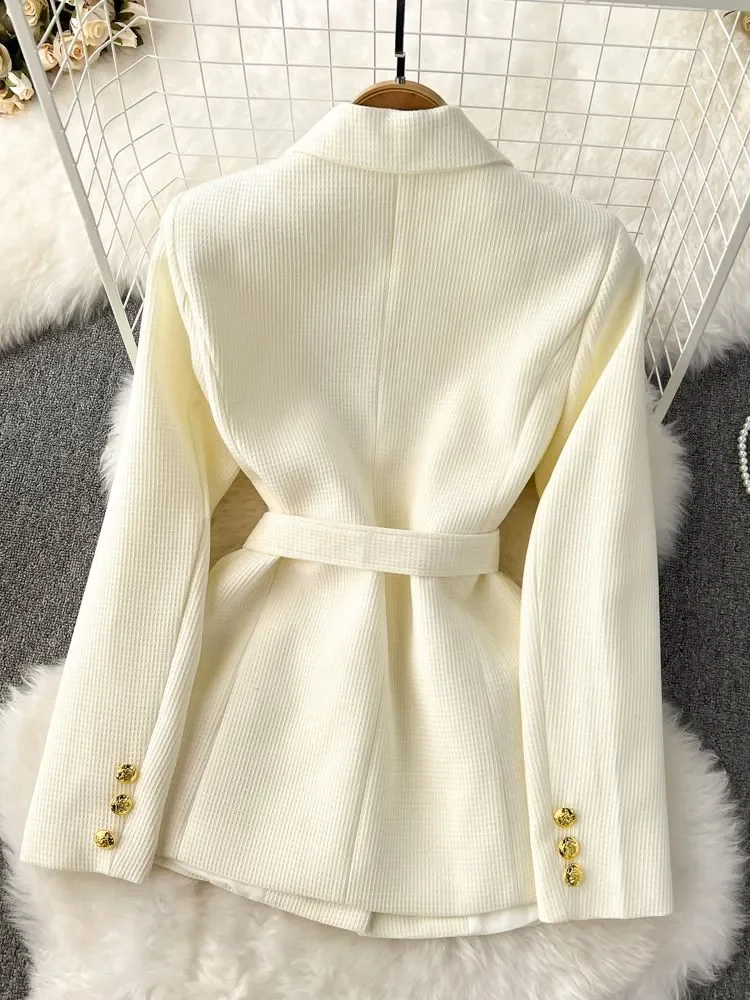 New Autumn Winter Outerwear Fashion Checkered Vintage Golden Buttons Pocket Women's Notched Collar Belted Blazers Jackets Tops