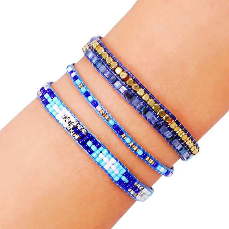 

3 Piece Set Bohemia Adjustable Bracelet Crystal Rice Beads Charm Friendship Rainbow Bracelet for Men and Women Wristband Jewelry