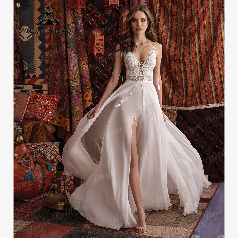 Шифоновое кружевное богемное пляжное свадебное платье в стиле бохо с V-образным