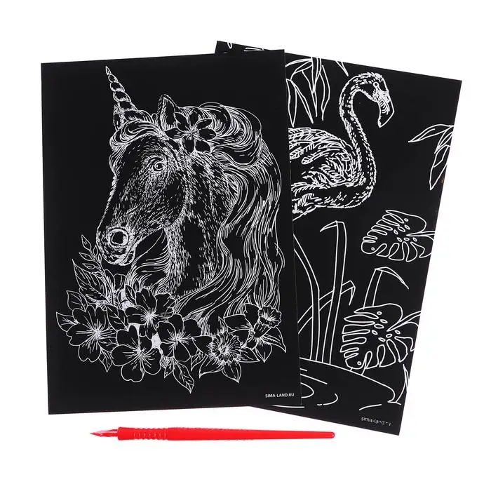 Set гравюр &quotunicorn and Flamingo's metal effect&quot gold &quot 2 pcs A5 engraving felling drawing |