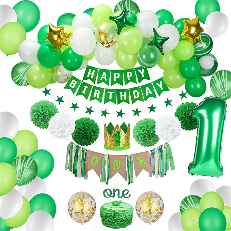 SURSURPIRSE Dark Green Latex Gold Confetti Balloon Set Paper Pompoms Banner Crown Cake Topper for 1st Birthday Party Supplies