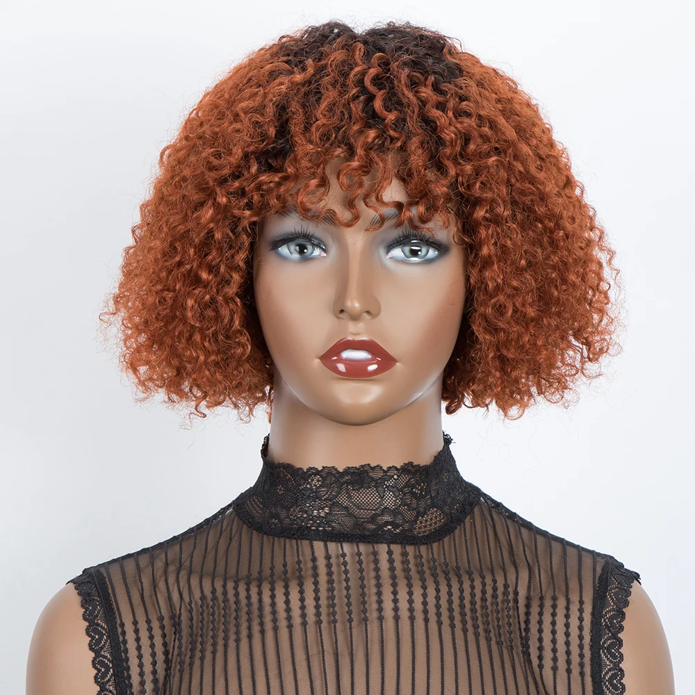 Highlight Honey Brown Curly Short Bob Wig With Bangs Ginger Black Glueless Fringe Wigs 3a 3c Jerry Curly Bob Wigs For Women
