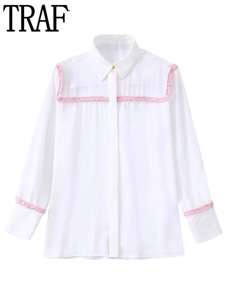 

TRAF 2022 White Shirt Women Patchwork Button Up Shirts for Women Long Sleeve Blouses Women Summer Chic Blouses and Shirts Woman