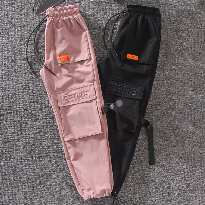 

Autumn Pink Black Embroidery Cargo Pants Streetwear Women Harajuku BF Big Pocket Hearm Pants High Waist Loose Female Trousers