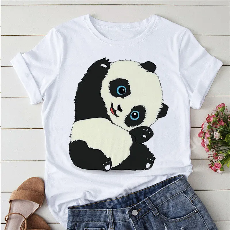 

Stretching Panda Print T-shirts Women Clothes Cartoon Tshirt Tops Short Sleeve Tees Graphic T Shirt Summer White Kawaii Clothes