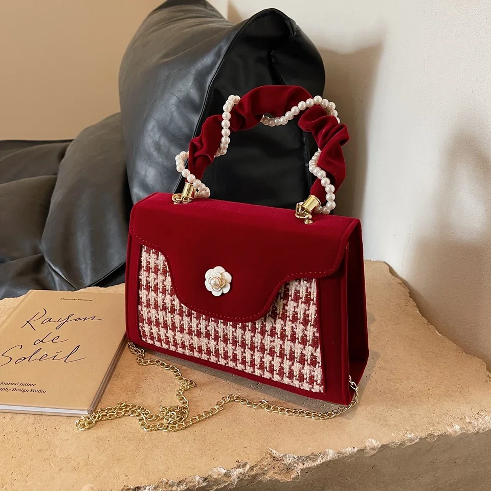 

Women Fashion Winding Pearly Beaded Luxury Knitting Designer Totes Purses Handbag Crossbody Bag Woman Satchel Chain Shoulder Bag