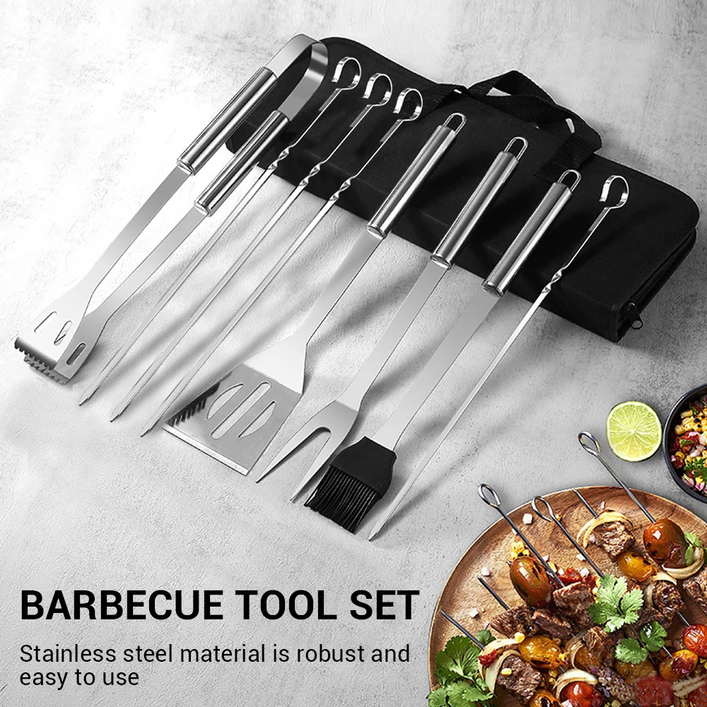 

9pcs BBQ Tool Set Stainless Steel Barbecue Grilling Tools Outdoor Camping Cooking Tools Set BBQ Grill Accessories Kit with Bag