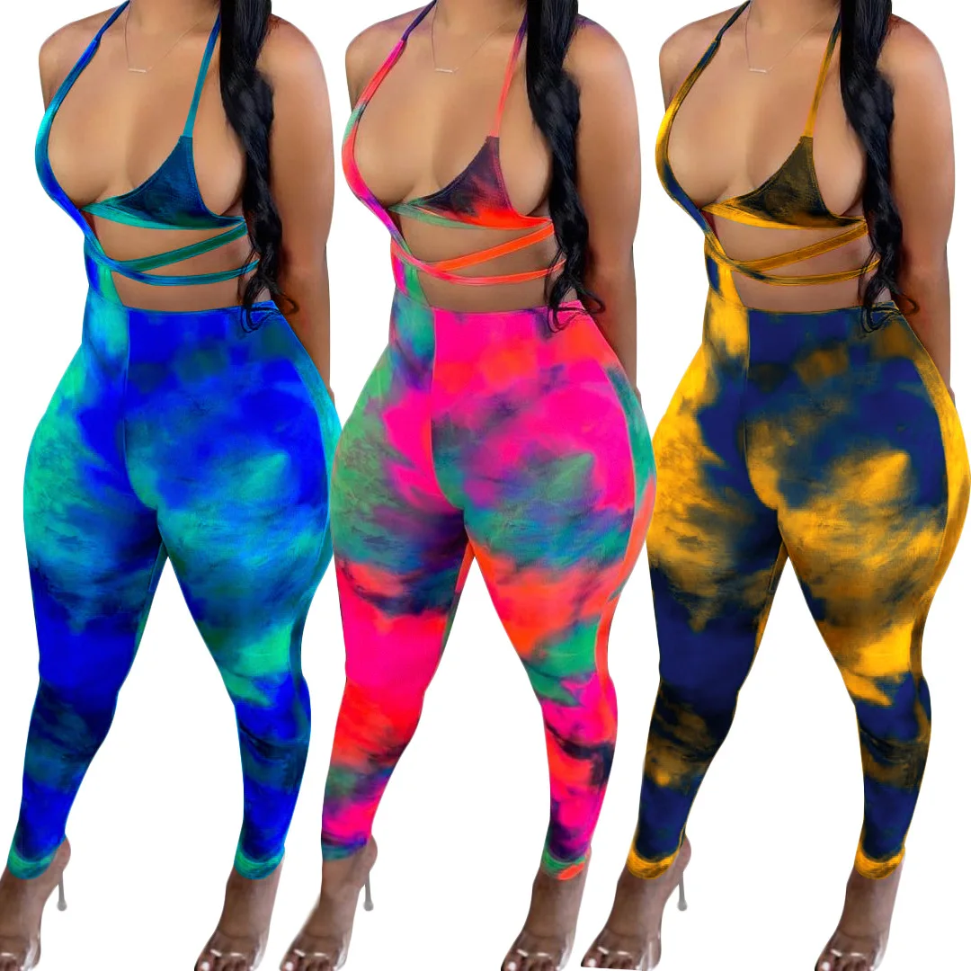 

Woman Halter Sleeveless Jumpsuit Tie Dye Printed Backless Bandage Backless asymmetric Bodysuit S-XL 3Color