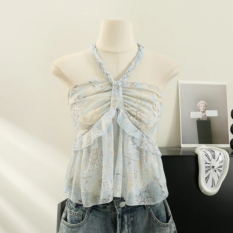 

Женский короткий топ с цветочным принтом, облегающий короткий топ с открытой спиной и оборками в Корейском стиле